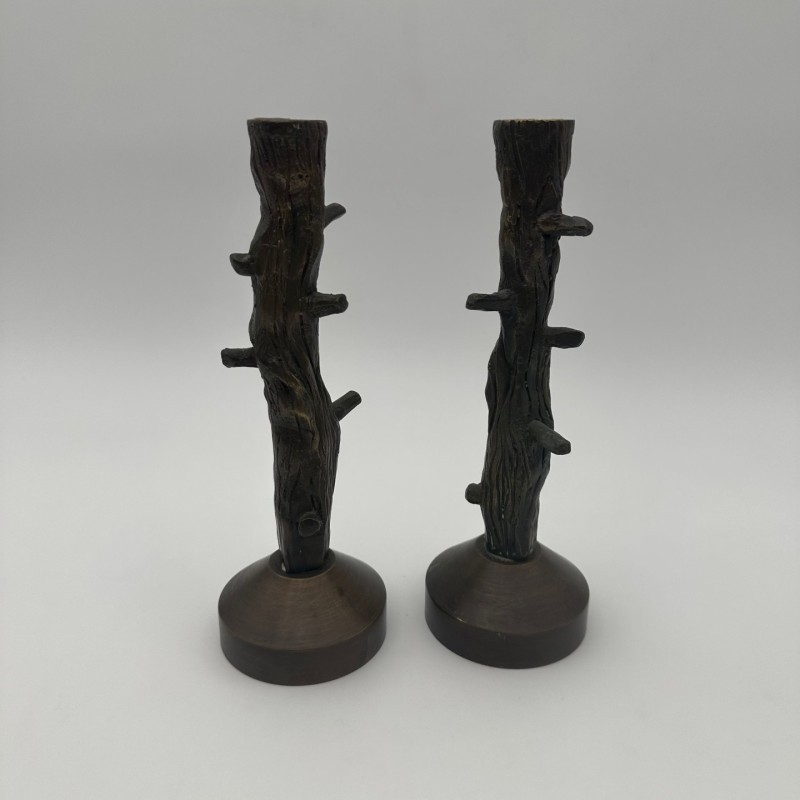 Pair of Faux-Wood Bronze Candlesticks, circa 1970