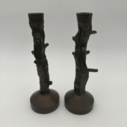 Pair of Faux-Wood Bronze Candlesticks, circa 1970