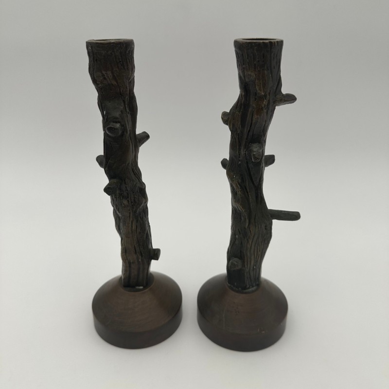 Pair of Faux-Wood Bronze Candlesticks, circa 1970