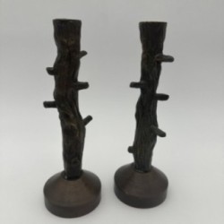 Pair of Faux-Wood Bronze Candlesticks, circa 1970