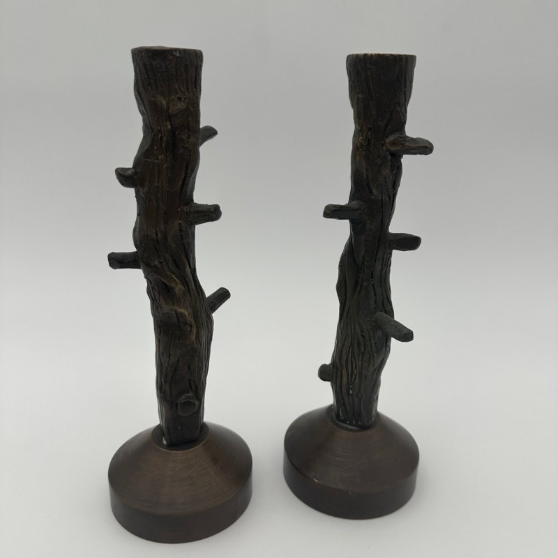 Pair of Faux-Wood Bronze Candlesticks, circa 1970