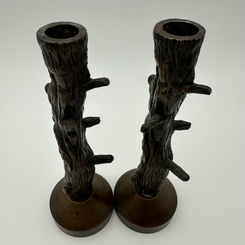 Pair of Faux-Wood Bronze Candlesticks, circa 1970