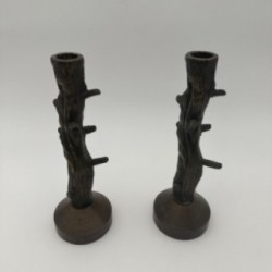 Pair of Faux-Wood Bronze Candlesticks, circa 1970