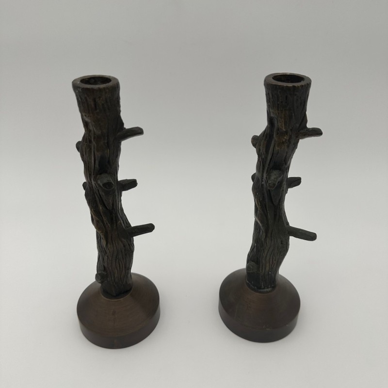 Pair of Faux-Wood Bronze Candlesticks, circa 1970