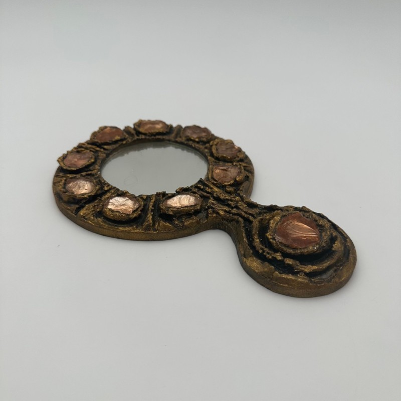 Gilt Metal Hand Mirror, in the Style of Line Vautrin, Italian Work, circa 1970