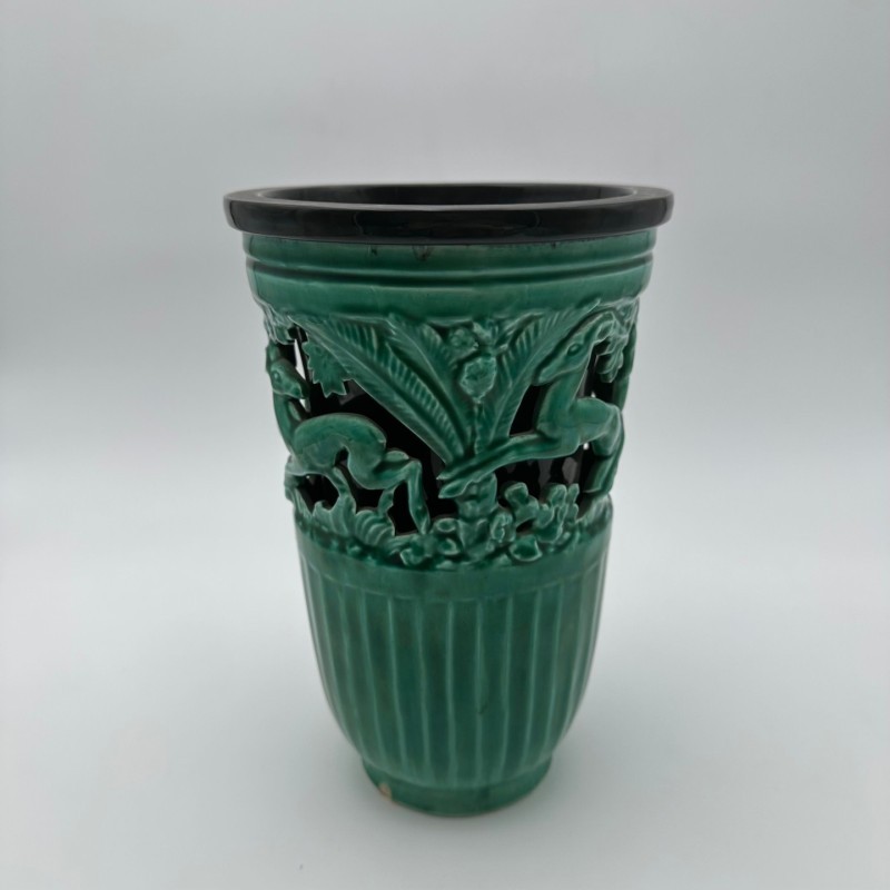 Green Ceramic Vase with Doe Decor, Signed Sainte Radegonde, circa 1970