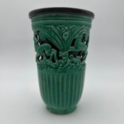 Green Ceramic Vase with Doe Decor, Signed Sainte Radegonde, circa 1970