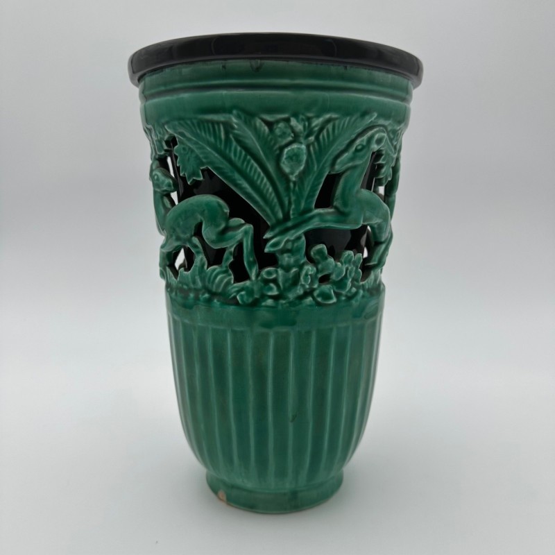 Green Ceramic Vase with Doe Decor, Signed Sainte Radegonde, circa 1970