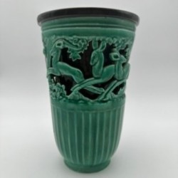 Green Ceramic Vase with Doe Decor, Signed Sainte Radegonde, circa 1970