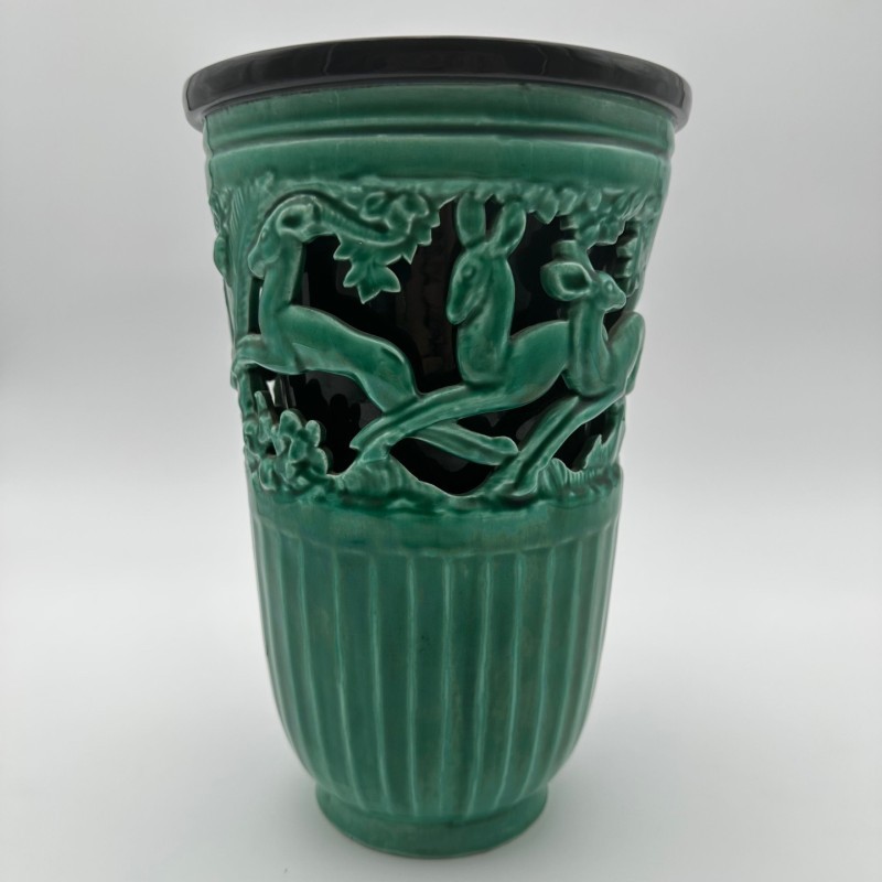 Green Ceramic Vase with Doe Decor, Signed Sainte Radegonde, circa 1970