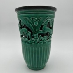 Green Ceramic Vase with Doe Decor, Signed Sainte Radegonde, circa 1970