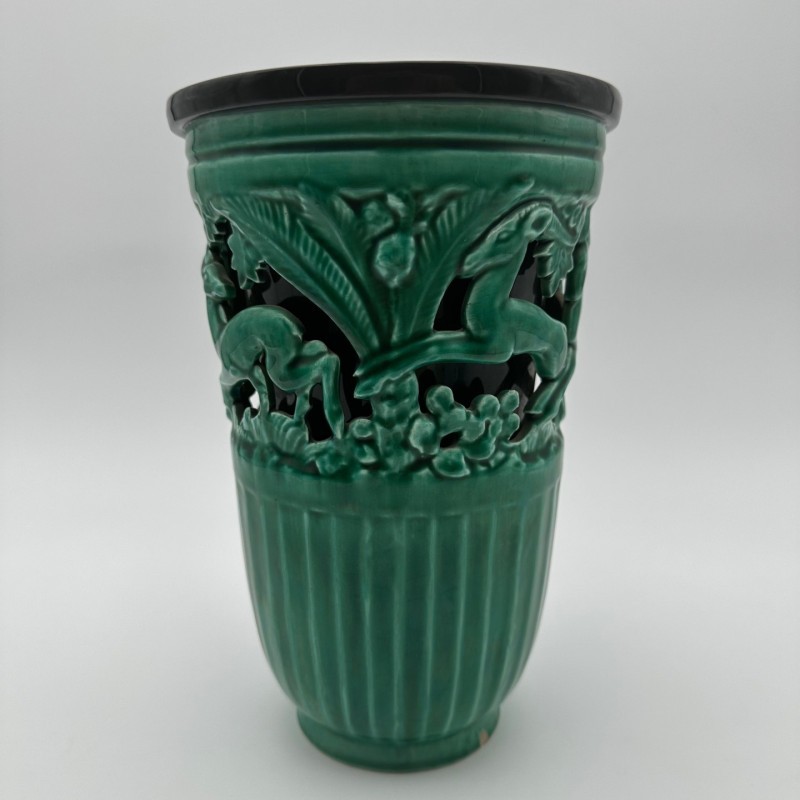 Green Ceramic Vase with Doe Decor, Signed Sainte Radegonde, circa 1970