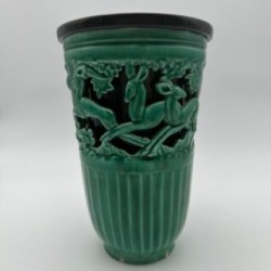 Green Ceramic Vase with Doe Decor, Signed Sainte Radegonde, circa 1970