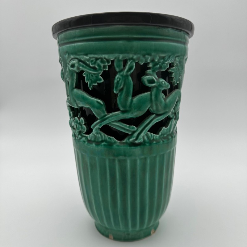 Green Ceramic Vase with Doe Decor, Signed Sainte Radegonde, circa 1970