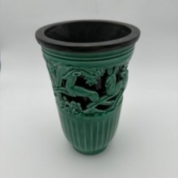 Green Ceramic Vase with Doe Decor, Signed Sainte Radegonde, circa 1970