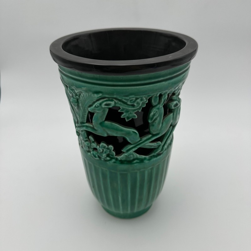 Green Ceramic Vase with Doe Decor, Signed Sainte Radegonde, circa 1970