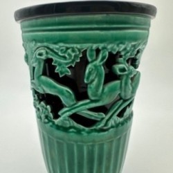 Green Ceramic Vase with Doe Decor, Signed Sainte Radegonde, circa 1970