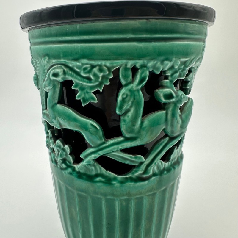 Green Ceramic Vase with Doe Decor, Signed Sainte Radegonde, circa 1970