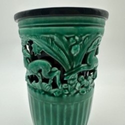 Green Ceramic Vase with Doe Decor, Signed Sainte Radegonde, circa 1970