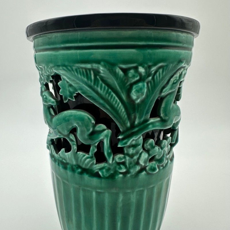 Green Ceramic Vase with Doe Decor, Signed Sainte Radegonde, circa 1970