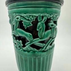 Green Ceramic Vase with Doe Decor, Signed Sainte Radegonde, circa 1970