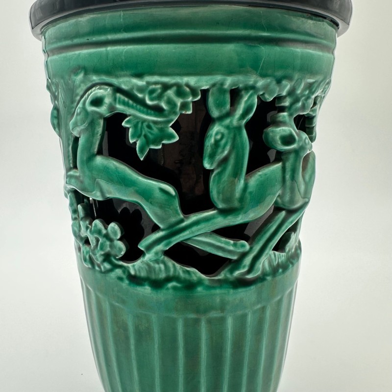 Green Ceramic Vase with Doe Decor, Signed Sainte Radegonde, circa 1970