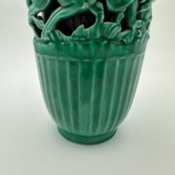Green Ceramic Vase with Doe Decor, Signed Sainte Radegonde, circa 1970