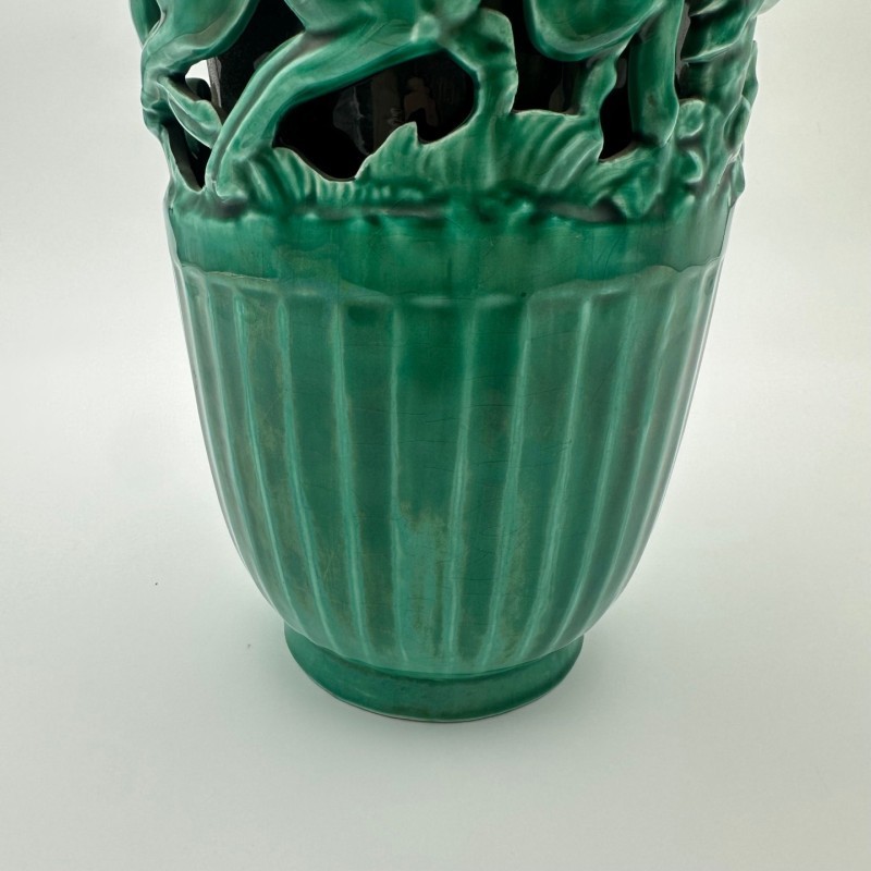 Green Ceramic Vase with Doe Decor, Signed Sainte Radegonde, circa 1970