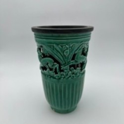 Green Ceramic Vase with Doe Decor, Signed Sainte Radegonde, circa 1970