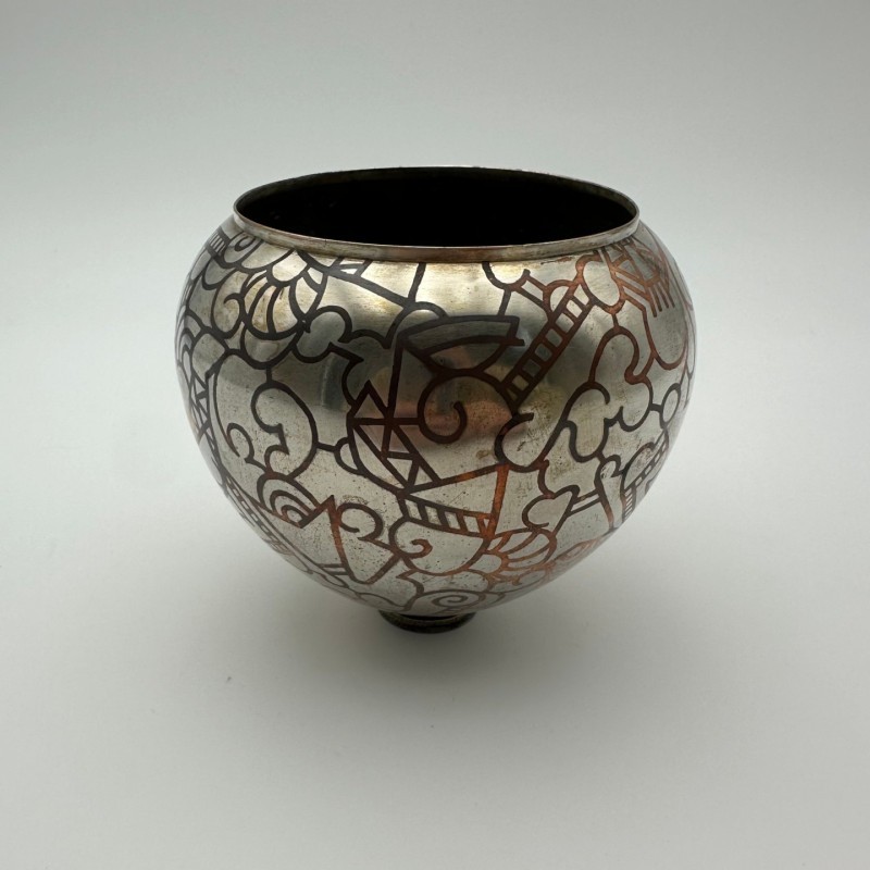 Art Deco Dinanderie Vase with Geometric Decor, circa 1970