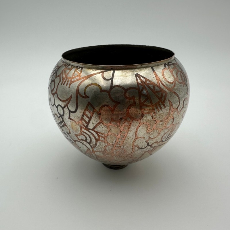 Art Deco Dinanderie Vase with Geometric Decor, circa 1970