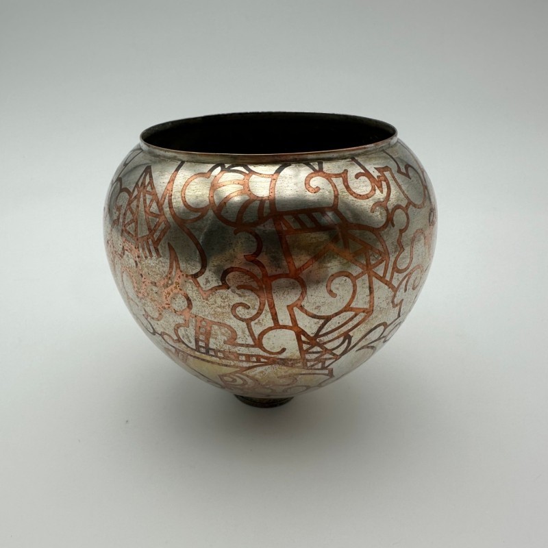 Art Deco Dinanderie Vase with Geometric Decor, circa 1970