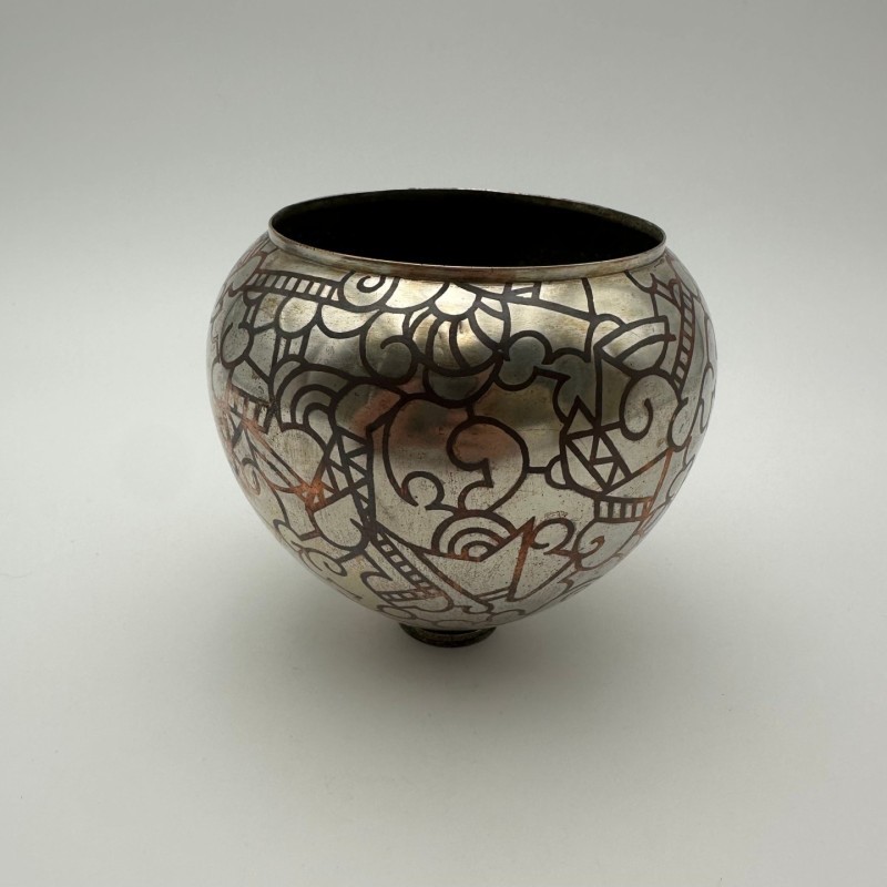 Art Deco Dinanderie Vase with Geometric Decor, circa 1970