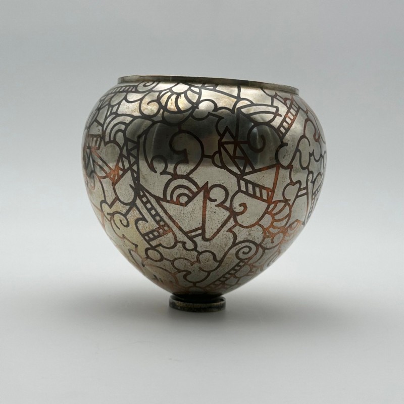Art Deco Dinanderie Vase with Geometric Decor, circa 1970