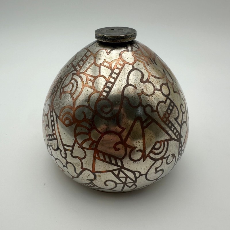 Art Deco Dinanderie Vase with Geometric Decor, circa 1970