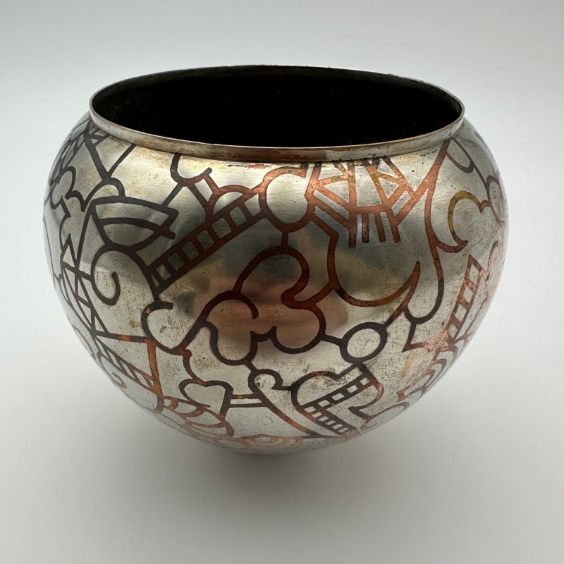 Art Deco Dinanderie Vase with Geometric Decor, circa 1970