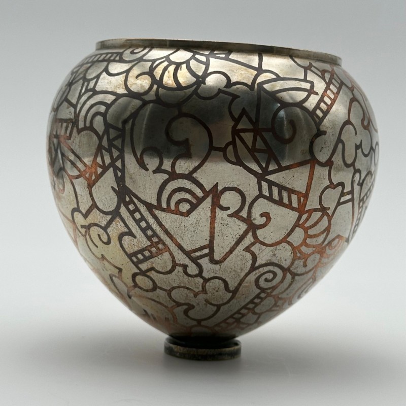 Art Deco Dinanderie Vase with Geometric Decor, circa 1970