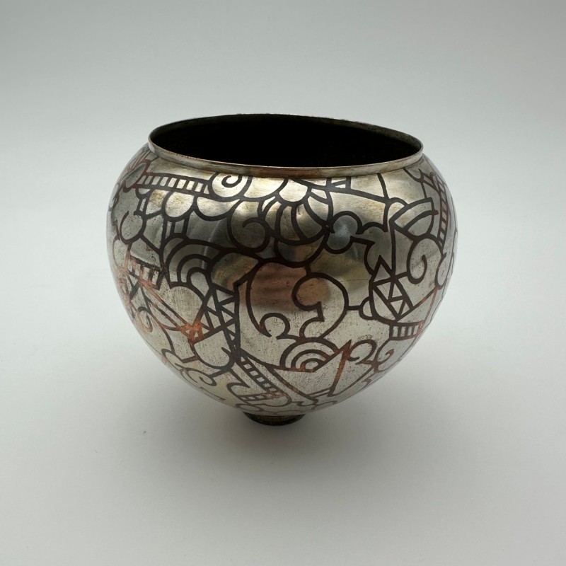 Art Deco Dinanderie Vase with Geometric Decor, circa 1970
