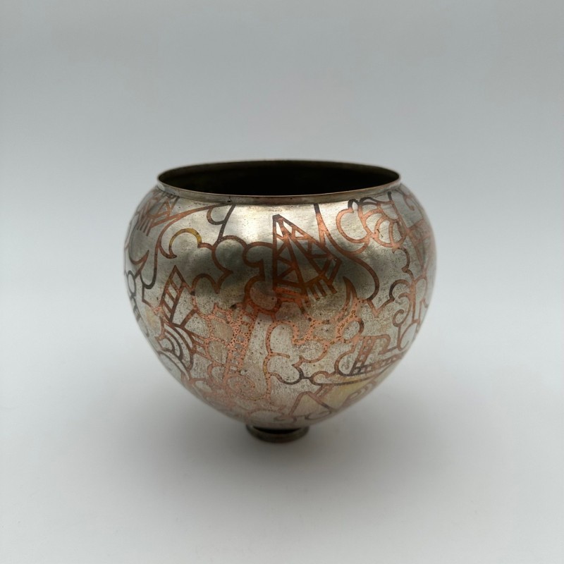 Art Deco Dinanderie Vase with Geometric Decor, circa 1970