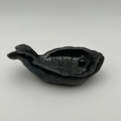 Fish-Shaped Black Ceramic Catchall, Signed, circa 1970