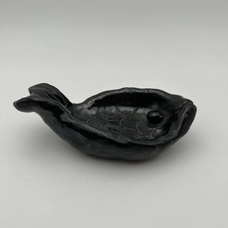 Fish-Shaped Black Ceramic Catchall, Signed, circa 1970