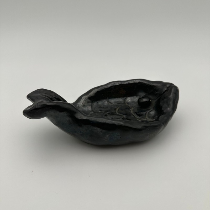 Fish-Shaped Black Ceramic Catchall, Signed, circa 1970