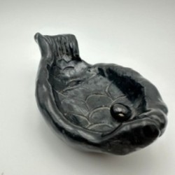 Fish-Shaped Black Ceramic Catchall, Signed, circa 1970