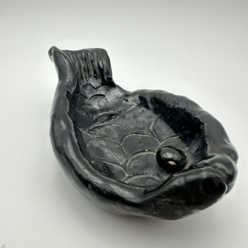 Fish-Shaped Black Ceramic Catchall, Signed, circa 1970