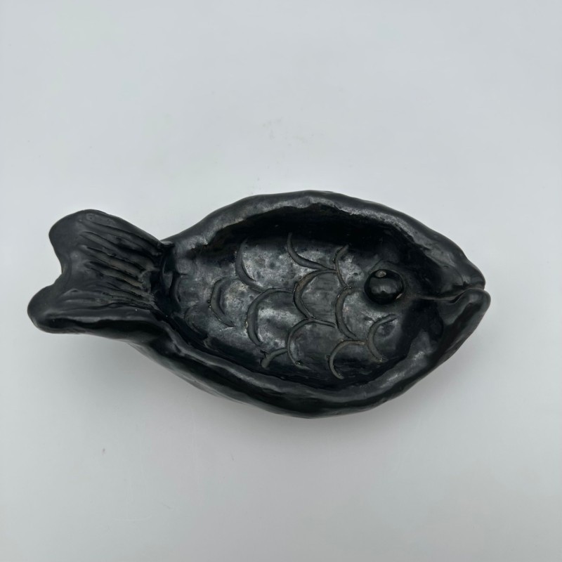 Fish-Shaped Black Ceramic Catchall, Signed, circa 1970
