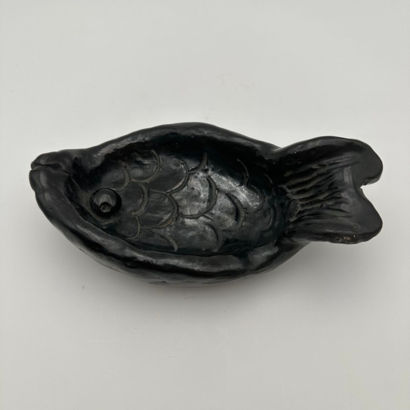 Fish-Shaped Black Ceramic Catchall, Signed, circa 1970