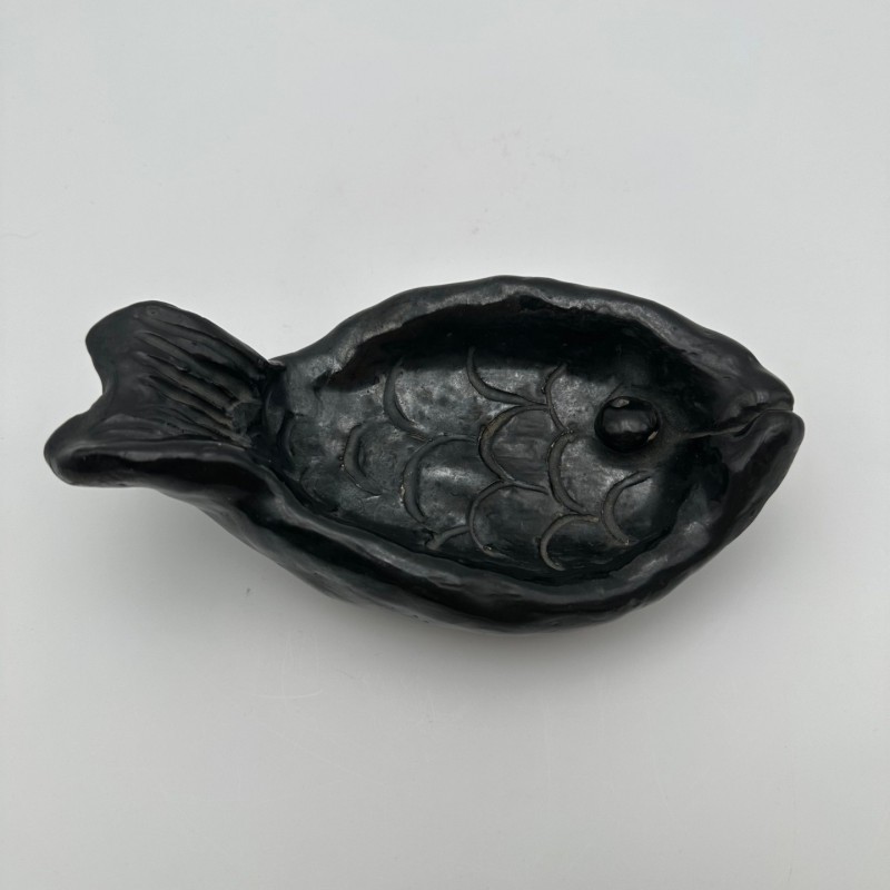 Fish-Shaped Black Ceramic Catchall, Signed, circa 1970