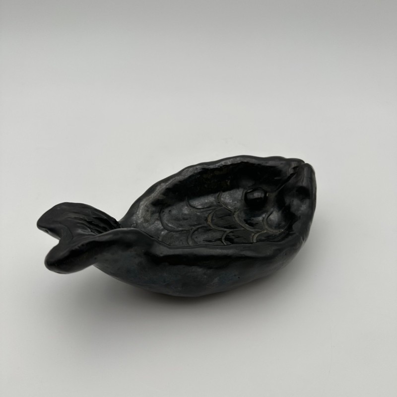 Fish-Shaped Black Ceramic Catchall, Signed, circa 1970