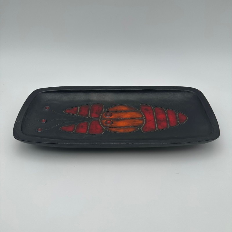 Black Ceramic Dish or Vide-Poche with Fish decoration, by Oswald Tieberghien, circa 1970