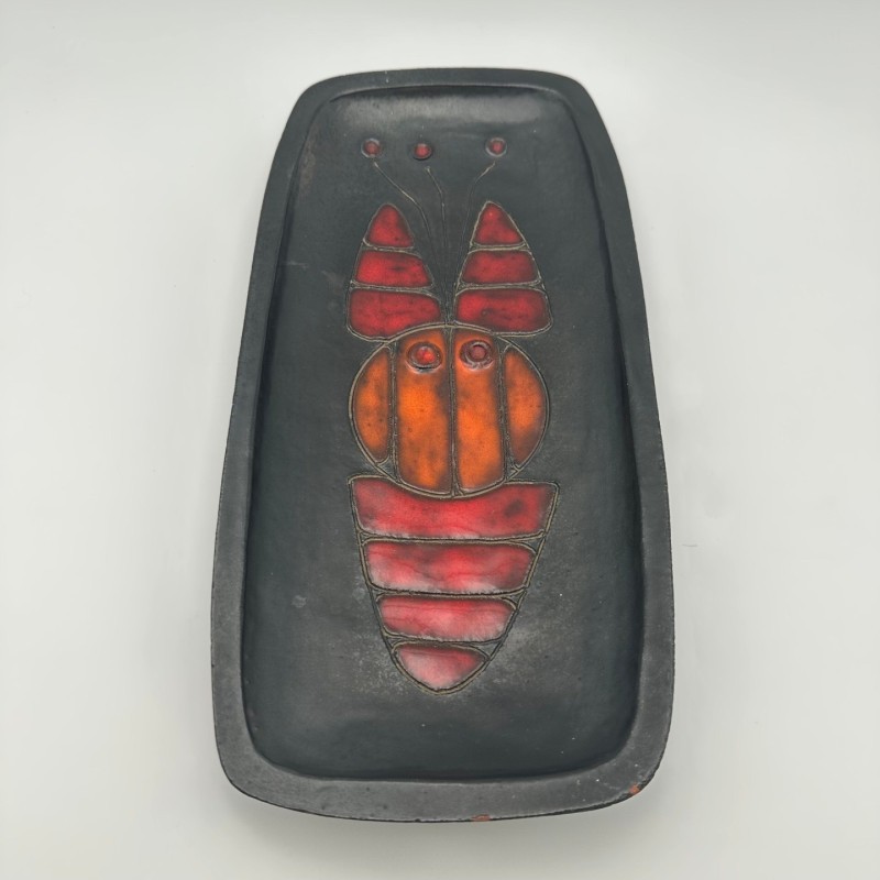 Black Ceramic Dish or Vide-Poche with Fish decoration, by Oswald Tieberghien, circa 1970